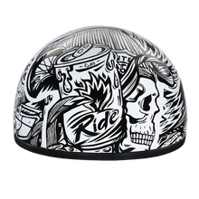 Load image into Gallery viewer, DOT Approved Daytona Motorcycle Half Face Helmet - Skull Cap Graphics for Men &amp; Women, Scooters, ATVs, UTVs &amp; Choppers - W/ Live Fast
