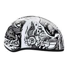 Load image into Gallery viewer, DOT Approved Daytona Motorcycle Half Face Helmet - Skull Cap Graphics for Men &amp; Women, Scooters, ATVs, UTVs &amp; Choppers - W/ Live Fast
