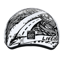 Load image into Gallery viewer, DOT Approved Daytona Motorcycle Half Face Helmet - Skull Cap Graphics for Men &amp; Women, Scooters, ATVs, UTVs &amp; Choppers - W/ Live Fast
